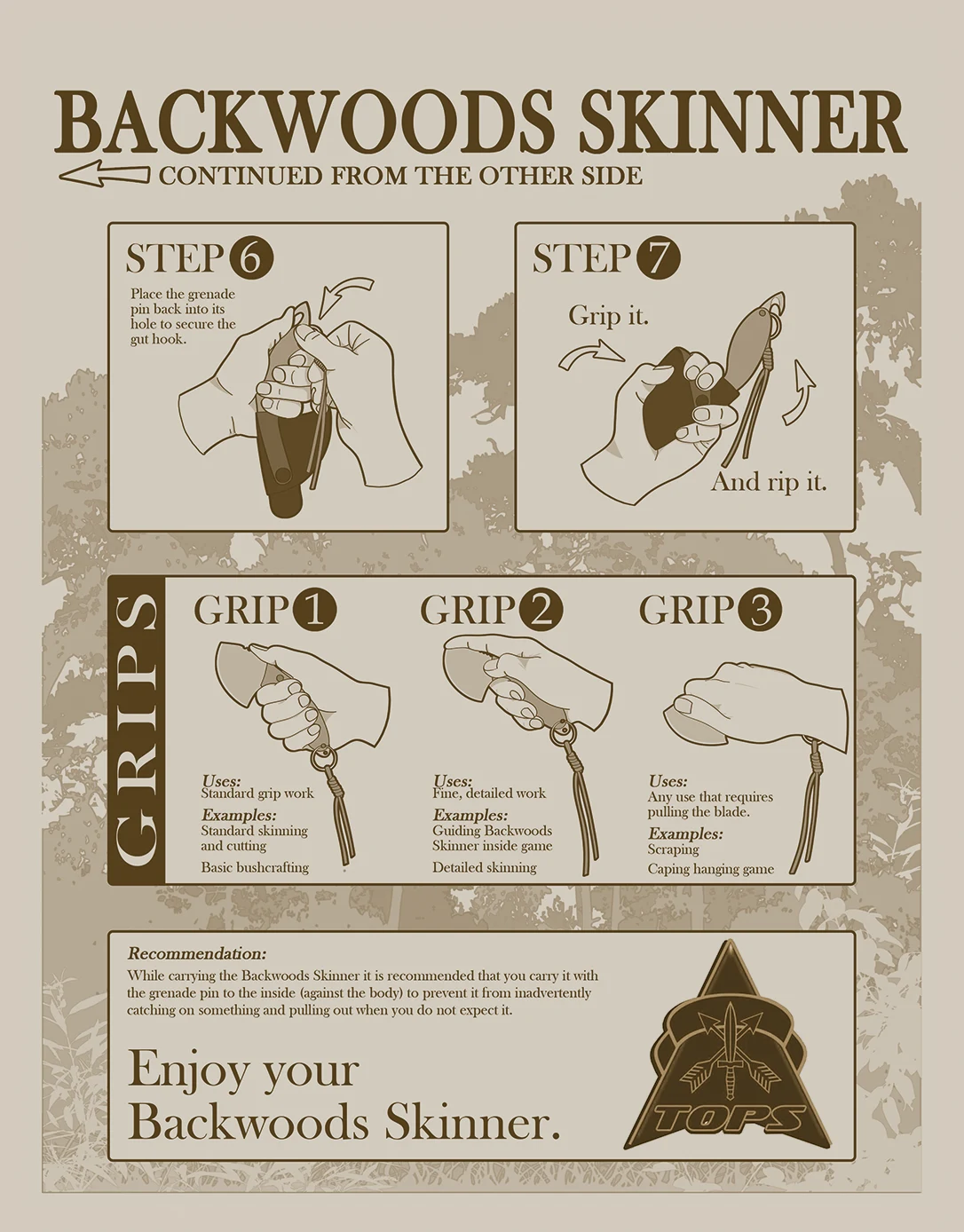 TOPS Knives Backwoods Skinner directions back.